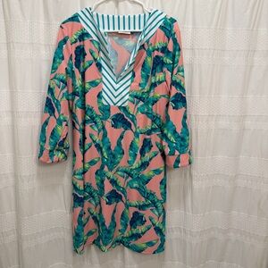 Cabana Life Tropical Palm Print UPF Dress Pink Teal Womens XL 3/4 Sleeve V-Neck